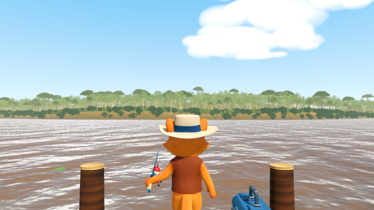 Halley's Big Catch — Halley on the Amazon Depths dock facing the river and jungle
